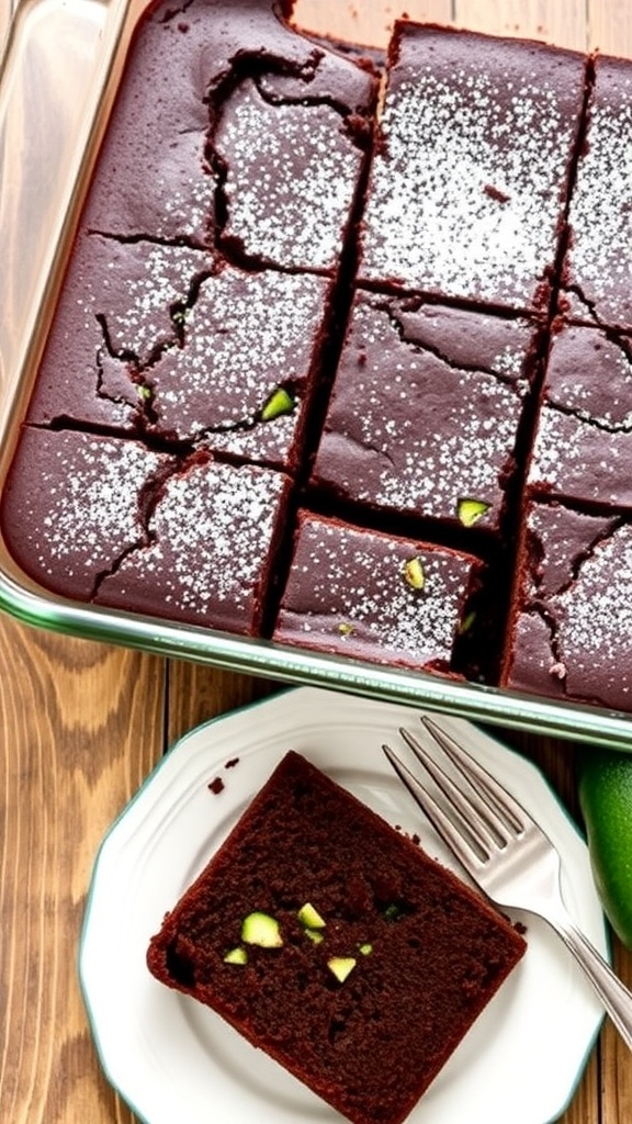 A chocolate zucchini cake in a 9x13 pan, cut into squares, dusted with powdered sugar, on a rustic table.